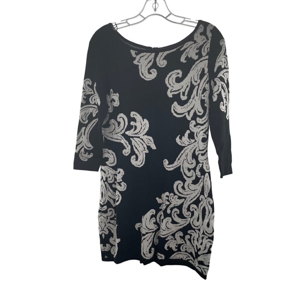 WHBM Women's Paisley Mini Sweater Dress 3/4 Sleeve Black White Size XS Zip